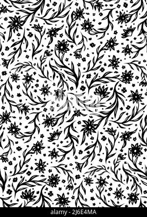 Vektor monochromes nahtloses Muster mit kleinen schwarzen Blumen auf Stielen auf weißem Hintergrund. Natürliche Textur mit Ditsy für Stoffe. Hintergrundbild Stock Vektor
