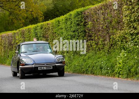 1973 Citroën DS 23 EFI Pallastaking part in the classic cars springtime Rotary Club Charity 'Wye Run' through Wales and the Wye Valley. Stockfoto