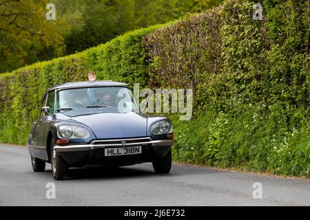 1973 Citroën DS 23 EFI Pallastaking part in the classic cars springtime Rotary Club Charity 'Wye Run' through Wales and the Wye Valley. Stockfoto