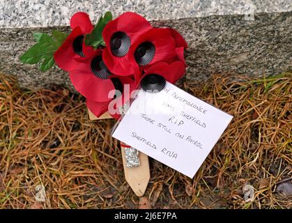 Mohnblumen werden während einer Parade zum Sheffield war Memorial, auch bekannt als Sheffield Cenotaph, am Barker's Pool in Sheffield zurückgelassen, um den Untergang der HMS Sheffield während des Falklands-Krieges zu markieren. Bilddatum: Sonntag, 1. Mai 2022. Stockfoto