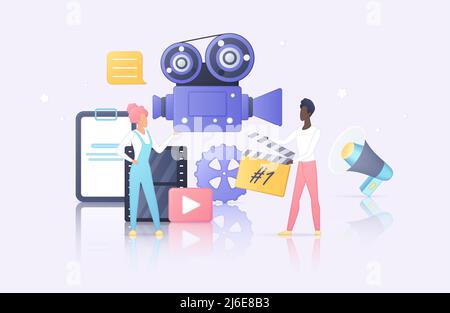 Kinofilmproduktion. Winzig kleine Crew von Regieassistent mit Klappbrett und Kameramann mit Videokamera, die an Film arbeitet, filmische Prozess flache Vektor-Illustration. Kinematografie-Konzept Stock Vektor