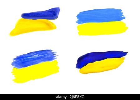 Set von Flaggen der Ukraine mit Gouache-Farben gemalt und isoliert auf weißem Hintergrund. Stockfoto