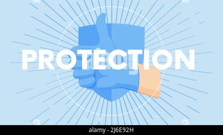 Geste der menschlichen Hand vor dem Hintergrund des Sonnenbrauses, medizinisches Konzept, Vektor-Poster mit dem Slogan Schutz Stock Vektor