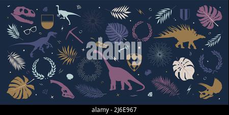 Kollektion farbige Silhouetten von Dinosauriern, Sonnenstrahlen und Kränzen, Schilde, tropischen Blättern und Pflanzen, Komposition aus Vektor-Illustrationen auf dunkel Stock Vektor