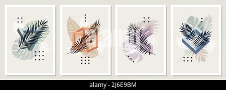 Sammlung von Vektorplakaten mit unmöglichen geometrischen Formen, tropischen Blättern und Pflanzen, Abstract Sommer zeitgenössischen Banner, Wandkunst, Cover-Design Stock Vektor