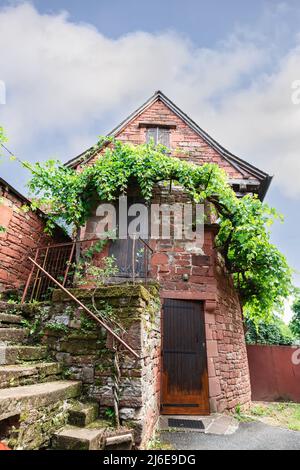 Eine mittelalterliche Steintreppe mit Metallgeländern führt zum Eingang eines kleinen märchenhaften Hauses aus rotem Sandstein mit Weinreben in Collonges-la-Rouge Stockfoto