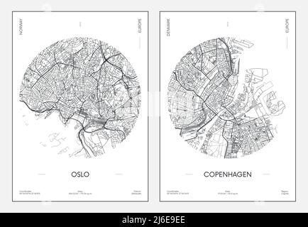 Reiseposter, Stadtplan Stadtplan Oslo und Kopenhagen, Vektorgrafik Stock Vektor
