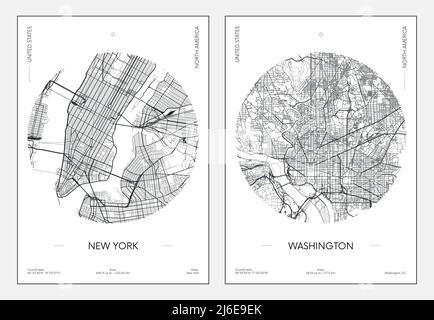 Reiseposter, Stadtplan Stadtplan New York und Washington, Vektorgrafik Stock Vektor