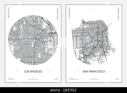 Reiseposter, Stadtplan Stadtplan Los Angeles und San Francisco, Vektorgrafik Stock Vektor