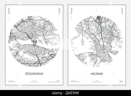 Reiseposter, Stadtplan Stadtplan Stockholm und Helsinki, Vektorgrafik Stock Vektor