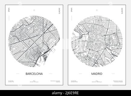 Reiseposter, Stadtplan Stadtplan Barcelona und Madrid, Vektorgrafik Stock Vektor