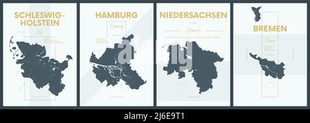 Vektorplakate mit detailreichen Silhouetten Karten Bundesländer - Schleswig-Holstein, Hamburg, Niedersachsen, Bremen - Satz 1 von 4 Stock Vektor