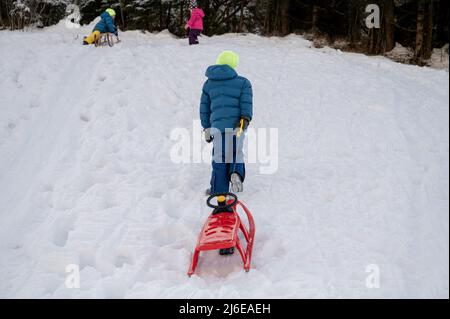 Kinder, die im Schnee spielen und den Hügel hinuntersausen. Stockfoto