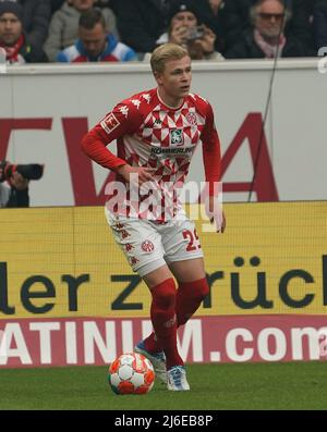 30. April 2022, Mewa Arena, Mainz, GER, 1.FBL, 1.FSV FSV FSV Mainz 05 vs FC Bayern München , die DFL-Vorschriften verbieten die Verwendung von Fotos als Bildsequenzen und/oder quasi-Video. Im Bild Jonathan Burkhardt (Mainz) Stockfoto