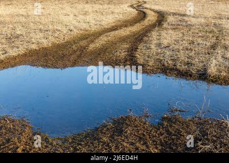 Landstraße im Frühjahr. Schlamm und Pfütze Stockfoto