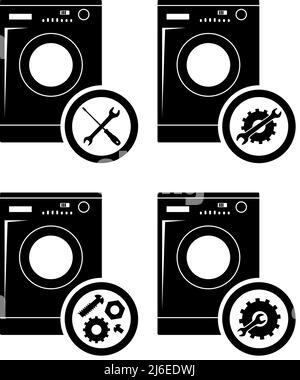 Reparaturservicekonzept. Icons Set: Schraubenschlüssel, Schraubendreher, Hammer, Schraube, Mutter, Schraube und Zahnrad. Symbol oder Schaltfläche für Dienste auf weißem Hintergrund isoliert. Mendi Stock Vektor