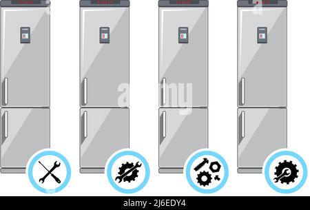 Reparaturservicekonzept. Icons Set: Schraubenschlüssel, Schraubendreher, Hammer, Schraube, Mutter, Schraube und Zahnrad. Symbol oder Schaltfläche für Dienste auf weißem Hintergrund isoliert. Mendi Stock Vektor