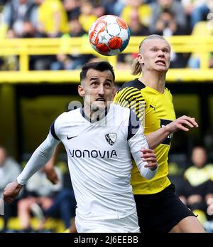 (220501) -- DORTMUND, 1. Mai 2022 (Xinhua) -- der Dortmunder Erling Haaland (R) spielt beim Bundesliga-Fußballspiel der ersten deutschen Liga zwischen Borussia Dortmund und dem VfL Bochum 1848 am 30. April 2022 in Dortmund um den Kopf mit dem Bochumer Erhan Masovic. (Foto von Joachim Bywaletz/Xinhua) Stockfoto