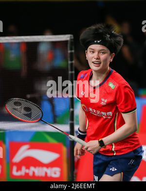 Manila, Philippinen. 30. April 2022. Wang Zhiyi aus China reagiert beim Finale der Frauen im Einzel gegen Yamaguchi Akane aus Japan auf die Badminton Asia Championships 2022 in Manila, Philippinen, 30. April 2022. Quelle: Rouelle Umali/Xinhua/Alamy Live News Stockfoto