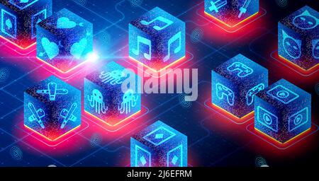 NFT Marketplace and Dezentralised Exchange Concept - Ein Marktplatz für nicht-fungible Tokens auf Basis von New web3 und Blockchain Technology - 3D Illustrati Stockfoto