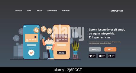 arabischer Geschäftsmann sendet oder empfängt Dollarmünzen über Smartphones Geldüberweisung Zahlung Finanztransaktionen Stock Vektor