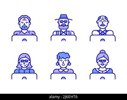 Ältere Menschen mit einem Laptop. Arbeiten, Chatten, Lernen. Pixel Perfect, bearbeitbare Symbole für Konturfarben eingestellt Stock Vektor