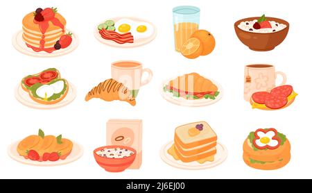 Illustration zum Frühstück, Brunch-Menü. Cartoon Cerealien Toast und Croissants auf dem Teller und Tee Tasse, Sandwich mit Wurst, Spiegelei mit Speck isoliert auf weiß. Fast Food, Morgen-Konzept Stock Vektor