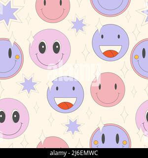 Lächeln Smiley groovy Gesichter nahtlose Muster. Pop Color Style Flat Design 70s. Cool trendy Retro von Hipster Retro coole psychedelische Elemente. Vintage Stock Vektor