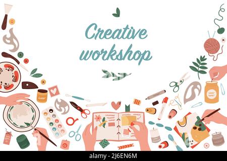 Kreative Kunst Klasse und Handwerk Hobby Werkstatt Banner Vektor Illustration. Cartoon Hände malen mit Pinsel und Bleistift, halten Sammelalbum mit diy-Werkzeuge und liefert Poster Hintergrund. Handwerk Konzept Stock Vektor