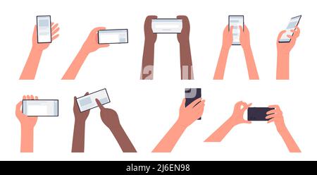 Hände von Menschen halten Telefone eingestellt, tippen, blättern und Touchscreen mit Fingern Vektorgrafik. Cartoon-Arme halten Smartphones, um Website-Informationen zu lesen, machen Selfie oder Chat isoliert auf weiß Stock Vektor