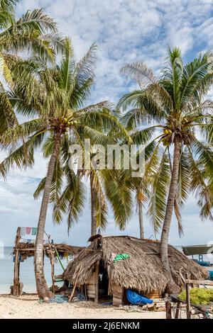 Traditionelle Fischerhütte aus rotem Bambus mit Strohdach. Rote Insel, Ostnusa Tenggara Provinz, Indonesien Stockfoto