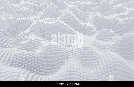 Abstrakte Wellenpixel auf weißem Hintergrund. Cubes-Muster. Datenkonzept. 3D Rendern. Stockfoto