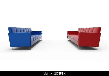 Extrem langes rotes und blaues Sofa isoliert auf weißem Hintergrund. 3D Rendern Stockfoto