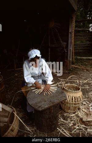 Williamsburg, VA. USA 9/1987. Korbweber. Master Korb Weber mit Holzstreifen in einem Korb von vielen Größen gewebt zu tragen oder zu speichern Gemüse, Maisähren, Obst, Eier, Nähgeräte, Feuerholz für die Küche, Feuerholz für den Herd und Waschlappen. Die Korbweberei ist 1000s Jahre alt. Stockfoto