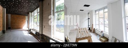 Zimmer mit unfertigen Wänden und ein Zimmer nach der Reparatur. Vor und nach der Renovierung in neuen Wohnungen Stockfoto