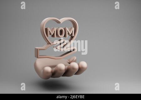 Schöne abstrakte Illustrationen Goldene Hand Halten Hand Herz mit Wort MOM Symbol-Symbol auf einem grauen Hintergrund. 3D Rendering-Illustration. Hintergrund Stockfoto