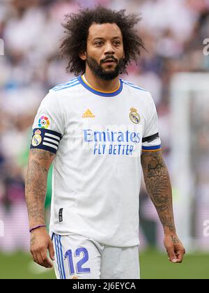 Marcelo Vieira von Real Madrid während des La Liga-Spiels zwischen Real Madrid und RCD Espanyol spielte am 30. April 2022 im Santiago Bernabeu Stadion in Madrid, Spanien. (Foto von Ruben Albarran / PRESSINPHOTO) Stockfoto