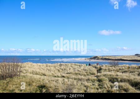 Familienspaziergänge am Alnmouth Beach, Northumberland Spring 2022 Stockfoto