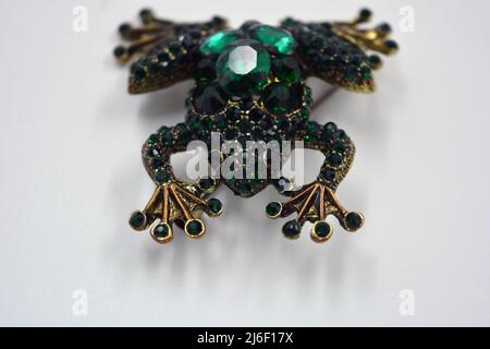 Brosche in Form einer grünen Froschprinzessin, Kröte, Dekoration, Schmuck. Stockfoto