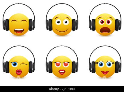 Musik-Emoji in Kopfhörern, Vektorsymbol-Set Stock Vektor