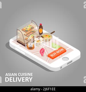 Asiatische Lebensmittel Online-Vektor isometrische Illustration Stock Vektor