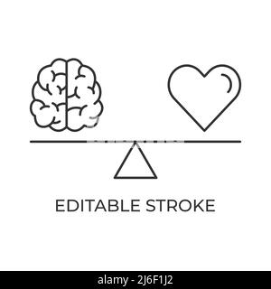 Konzept für die Balance von Gehirn und Herz auf Skalen. Der Kampf der Emotionen und des rationalen Denkens. Vektorgrafik. Bearbeitbares lineares Kontursymbol. Stock Vektor