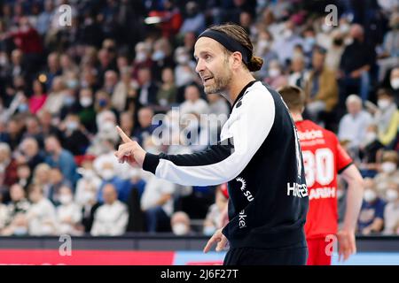 01. Mai 2022, Schleswig-Holstein, Kiel: Handball: Bundesliga, THW Kiel - MT Melsungen, Matchday 28, Wunderino Arena. Melsungen-Torhüter Silvio Heinevetter ist mit Gesten. Foto: Frank Molter/dpa Stockfoto