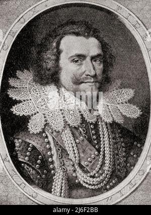 George Villiers, 1. Duke of Buckingham, 1592 – 1628. Englischer Höfling, Staatsmann und Mäzen der Künste. Ein Liebling und möglicher Liebhaber von König James I. von England. Aus Modes and Manners, veröffentlicht 1935. Stockfoto