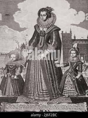 Amalia von Solms-Braunfels, 1602 – 1675. Prinzessin von Orange durch ihre Ehe mit Friedrich Henry, Prinz von Orange, hier mit ihrem Sohn und ihrer Tochter gesehen. Aus Modes and Manners, veröffentlicht 1935. Stockfoto