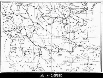 Karte der Balkanstaaten im Jahr 1914 zu Beginn des Ersten Weltkriegs. Stockfoto