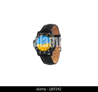 Armbanduhr auf weißem Hintergrund zu isolieren. Sport Armbanduhr mit Lederarmband. Uhren für Taucher. Stockfoto