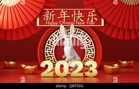 Chinesisches Neujahr 2023 Jahr Kaninchen oder Hase auf rotem chinesischem Muster mit Hand-Fan-Hintergrund. Urlaub der asiatischen und traditionellen Kultur Konzept. 3D il Stockfoto