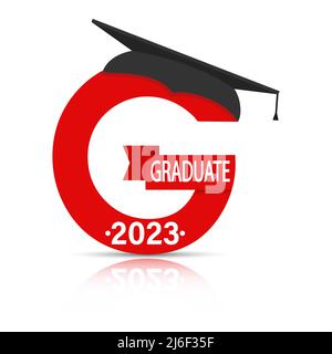 Stilisierter Buchstabe G mit der Aufschrift Graduate 2023 und der Graduiertenmütze. Einfaches Stock-Design isoliert auf weißem Hintergrund für Design und Dekoration Stock Vektor