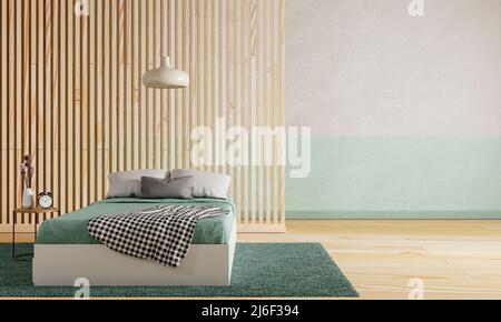 Grünes Schlafzimmer mit Holzboden und Trennwand und weiß-grüner Farbe rohen Beton Hintergrund. Interieur- und Architekturkonzept. 3D Abbildung r Stockfoto